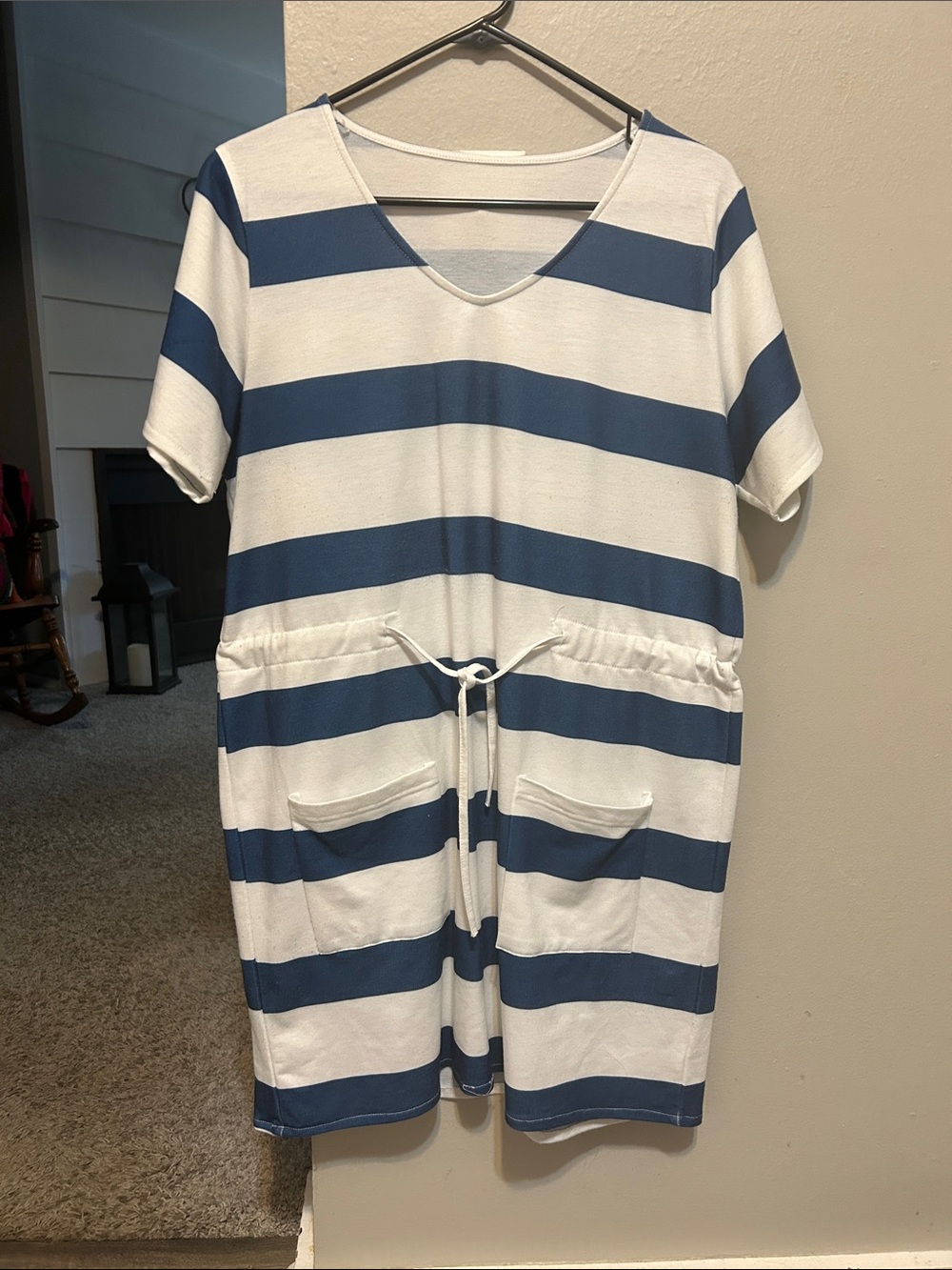 Blue and White Striped V-Neck Drawstring Mini Dress